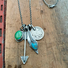 Load image into Gallery viewer, Sonoran Mountain turquoise Pendant + Blue Bird turquoise Feather Reworked Necklace