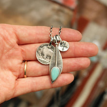 Load image into Gallery viewer, Pilot Mountain Turquoise Feather + Buffalo Nickel Reworked Necklace