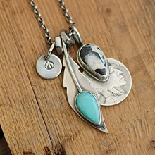 Load image into Gallery viewer, Pilot Mountain turquoise Feather + White Buffalo Nickel Pendant Reworked Necklace