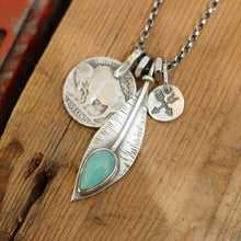 Load image into Gallery viewer, Pilot Mountain Turquoise Feather + Buffalo Nickel Reworked Necklace