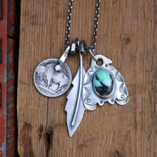 Load image into Gallery viewer, Emerald Rose Variscite Thunderbird + Feather Reworked Necklace