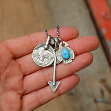 Load image into Gallery viewer, Kings Manassa turquoise Thunderbird + Buffalo Nickel Reworked Necklace