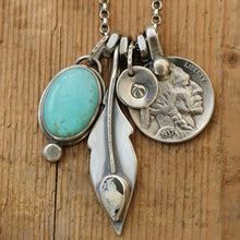 Load image into Gallery viewer, Pilot Mountain Turquoise Pendant + White Buffalo Feather Pendant Reworked Necklace