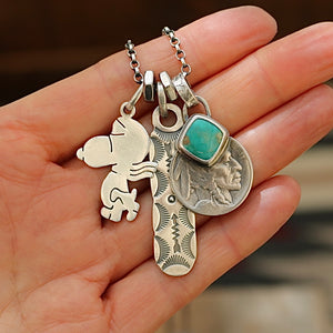 Vintage Snoopy pendant with Royston turquoise  + 1915 Nickel Reworked Necklace