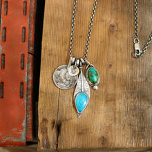 Load image into Gallery viewer, Sonoran Mountain Turquoise Pendant + Nacozari Feather Pendant Reworked Necklace