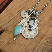 Load image into Gallery viewer, Pilot Mountain turquoise Feather + White Buffalo Nickel Pendant Reworked Necklace