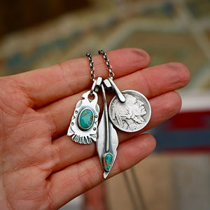Royston turquoise Thunderbird + Feather Reworked Necklace