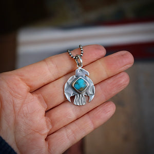Sterling Silver Thunderbird with Bandits Mine turquoise pendant Necklace
