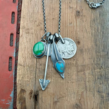 Load image into Gallery viewer, Sonoran Mountain turquoise Pendant + Blue Bird turquoise Feather Reworked Necklace