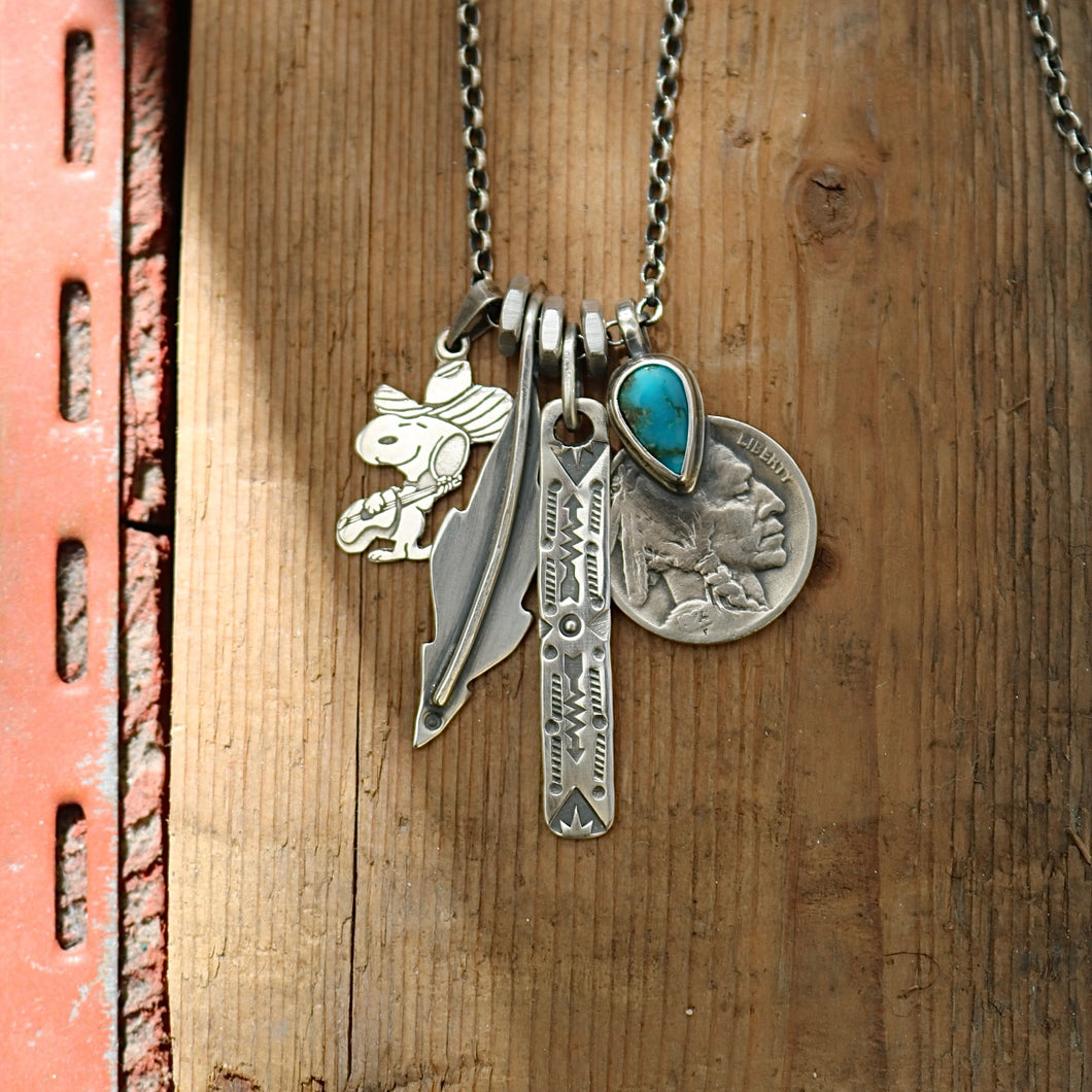 Vintage Snoopy pendant with Bandits Mine turquoise  + 1923 Nickel Reworked Necklace