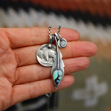 Load image into Gallery viewer, Rose Emerald Variscite Feather + Buffalo Nickel Reworked Necklace