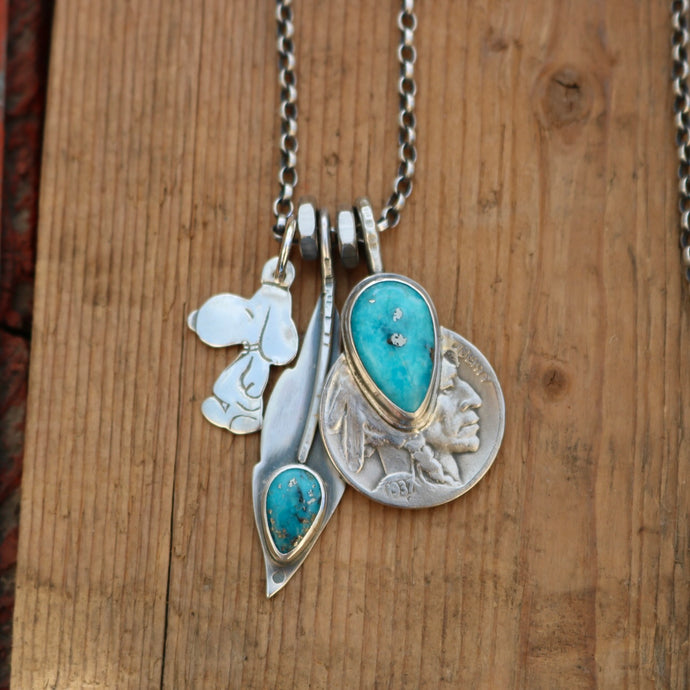 Vintage Sterling Silver Snoopy pendant + Nacozari turquoise Feather Pendant Reworked Necklace