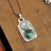 Load image into Gallery viewer, Rose Emerald Variscite + Sterling Silver Skull Dog Tag Necklace