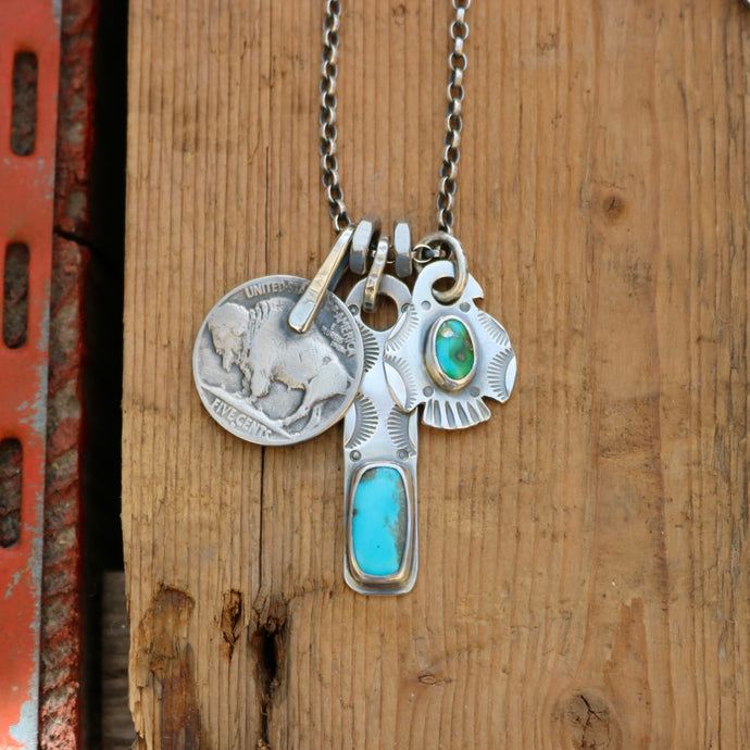 Sonoran Mountain turquoise Thunderbird + Nacozari turquoise Bar Pendant Reworked Necklace