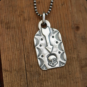 Sterling Silver Arrow + Skull Dog Tag Necklace