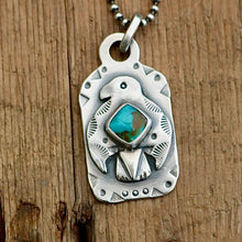 Load image into Gallery viewer, Sterling Silver Thunderbird with Bandits Mine turquoise Dog Tag Necklace