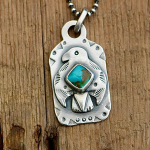 Sterling Silver Thunderbird with Bandits Mine turquoise Dog Tag Necklace