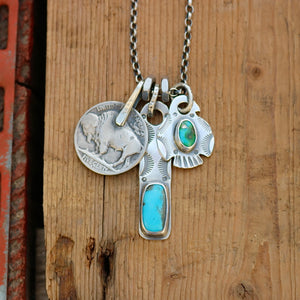 Sonoran Mountain turquoise Thunderbird + Nacozari turquoise Bar Pendant Reworked Necklace