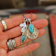 Load image into Gallery viewer, Vintage Sterling Silver Snoopy pendant + Nacozari turquoise Feather Pendant Reworked Necklace