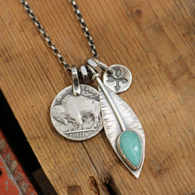 Load image into Gallery viewer, Pilot Mountain Turquoise Feather + Buffalo Nickel Reworked Necklace