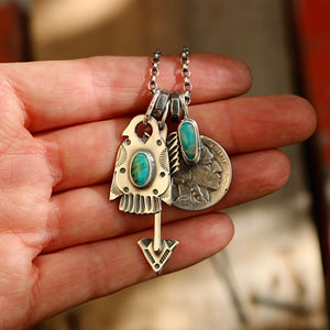 Kingman turquoise Nickel + Thunderbird Reworked Necklace