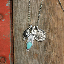 Load image into Gallery viewer, White Buffalo Pendant + Pilot Mountain Turquoise Feather Pendant Reworked Necklace