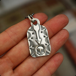 Sterling Silver Arrow + Skull Dog Tag Necklace