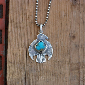 Sterling Silver Thunderbird with Bandits Mine turquoise pendant Necklace