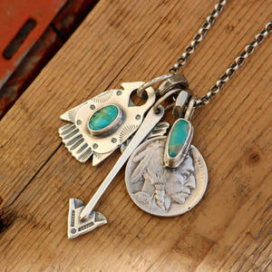 Kingman turquoise Nickel + Thunderbird Reworked Necklace
