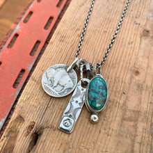 Load image into Gallery viewer, Apache Nugget turquoise Pendant + Buffalo Nickel Reworked Necklace