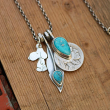 Load image into Gallery viewer, Vintage Sterling Silver Snoopy pendant + Nacozari turquoise Feather Pendant Reworked Necklace