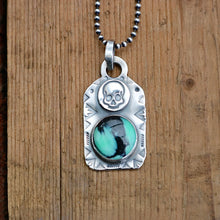 Load image into Gallery viewer, Rose Emerald Variscite + Sterling Silver Skull Dog Tag Necklace