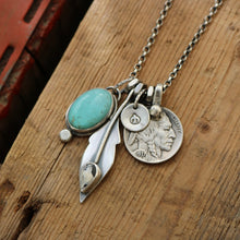Load image into Gallery viewer, Pilot Mountain Turquoise Pendant + White Buffalo Feather Pendant Reworked Necklace