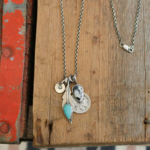 Load image into Gallery viewer, Pilot Mountain turquoise Feather + White Buffalo Nickel Pendant Reworked Necklace
