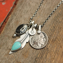 Load image into Gallery viewer, White Buffalo Pendant + Pilot Mountain Turquoise Feather Pendant Reworked Necklace
