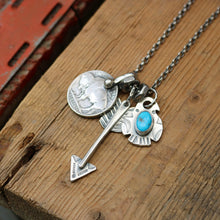 Load image into Gallery viewer, Kings Manassa turquoise Thunderbird + Buffalo Nickel Reworked Necklace