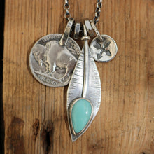 Load image into Gallery viewer, Pilot Mountain Turquoise Feather + Buffalo Nickel Reworked Necklace