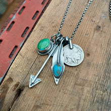Load image into Gallery viewer, Sonoran Mountain turquoise Pendant + Blue Bird turquoise Feather Reworked Necklace