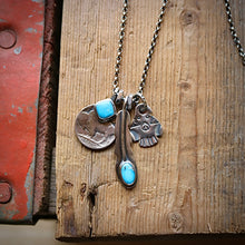 Load image into Gallery viewer, Blue Bird turquoise Feather Pendant + Thunderbird Reworked Necklace
