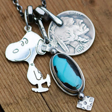 Load image into Gallery viewer, Vintage Sterling Silver Snoopy pendant + Blue Moon turquoise Pendant Reworked Necklace
