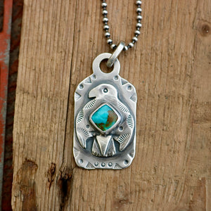 Sterling Silver Thunderbird with Bandits Mine turquoise Dog Tag Necklace