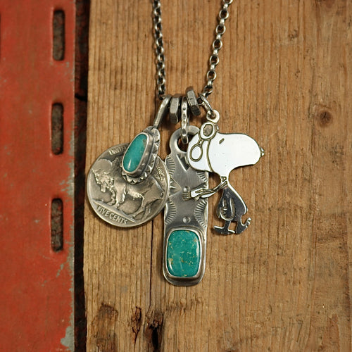 Vintage Flying Ace Snoopy pendant + 1925 Buffalo Nickel with Kingman turquoise Reworked Necklace