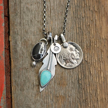 Load image into Gallery viewer, White Buffalo Pendant + Pilot Mountain Turquoise Feather Pendant Reworked Necklace