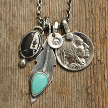 Load image into Gallery viewer, White Buffalo Pendant + Pilot Mountain Turquoise Feather Pendant Reworked Necklace