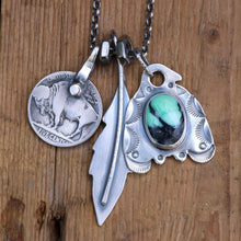 Load image into Gallery viewer, Emerald Rose Variscite Thunderbird + Feather Reworked Necklace