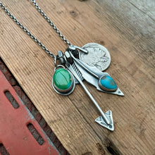 Load image into Gallery viewer, Sonoran Mountain turquoise Pendant + Blue Bird turquoise Feather Reworked Necklace
