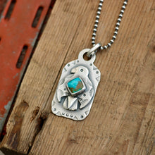 Load image into Gallery viewer, Sterling Silver Thunderbird with Bandits Mine turquoise Dog Tag Necklace