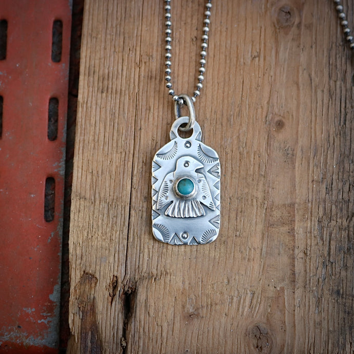 Sterling Silver Thunderbird with Cloud Mountain turquoise Dog Tag Necklace