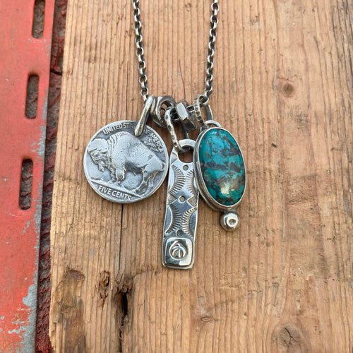 Apache Nugget turquoise Pendant + Buffalo Nickel Reworked Necklace