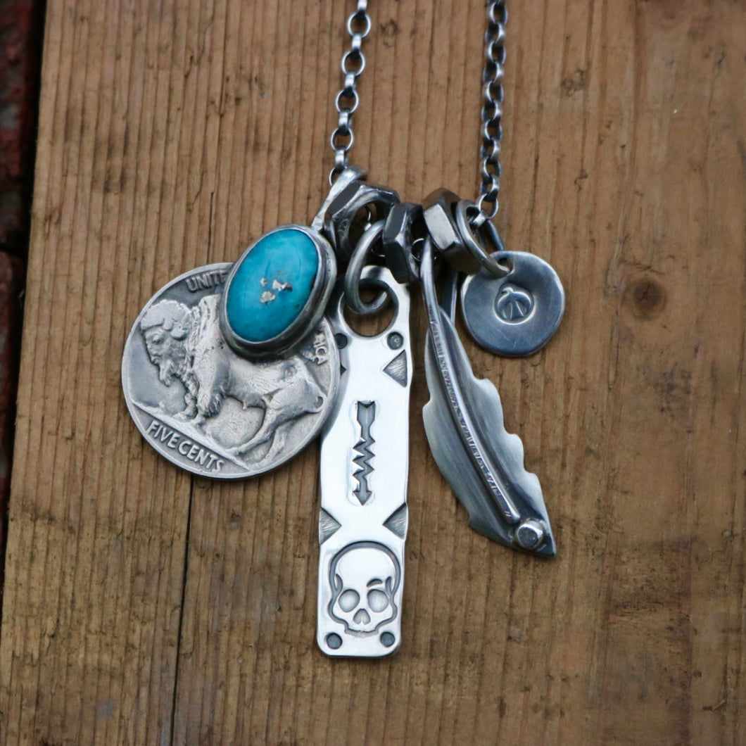Nacozari turquoise + Buffalo Nickel with Bar Pendant Reworked Necklace